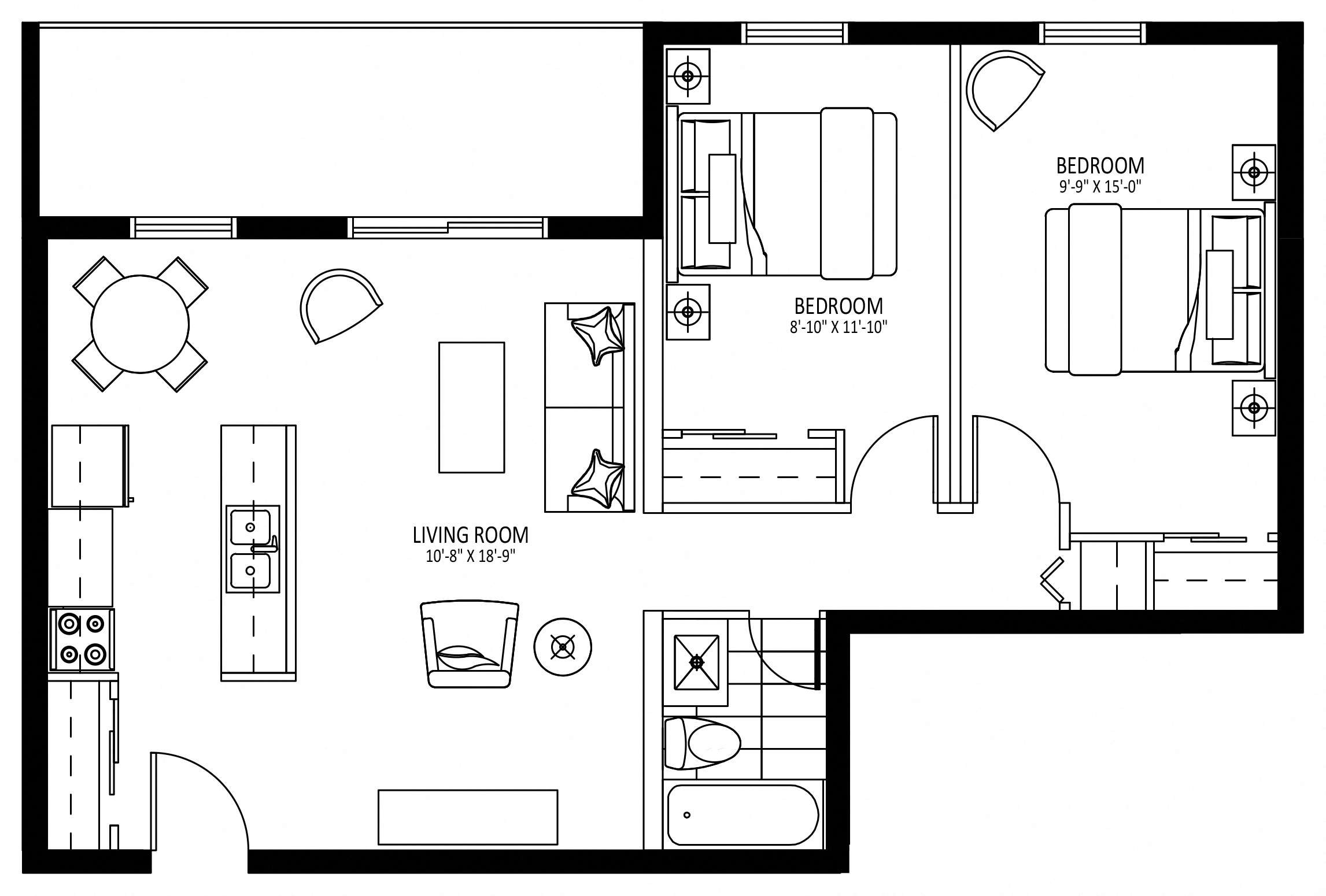 Floor plan for 2 beds, 1 bath, 780 sqft
